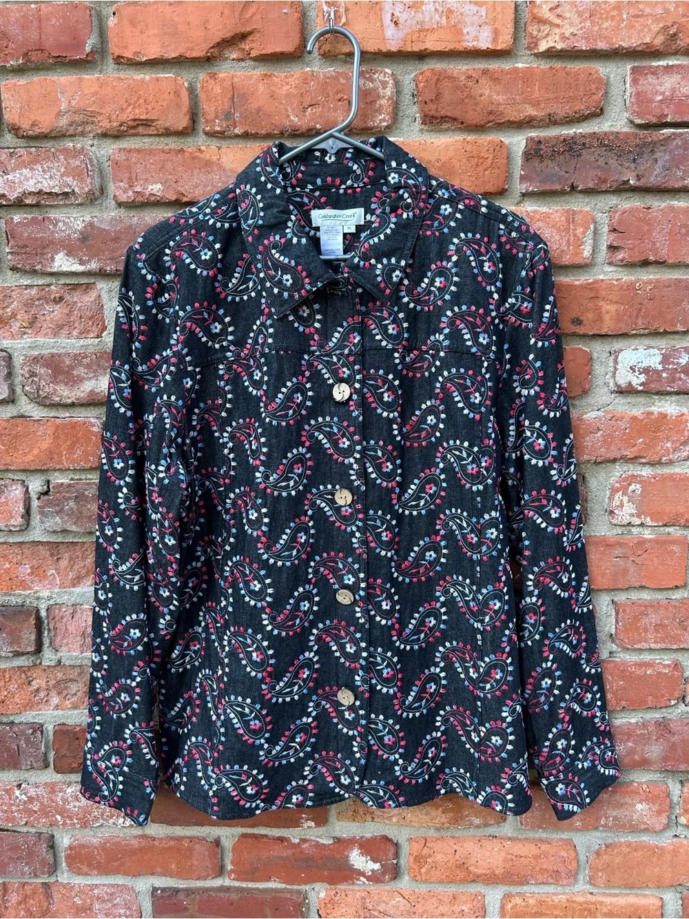 Coldwater Creek NWT Black Embroidered Paisley Button-Up Casual Denim Jacket XL